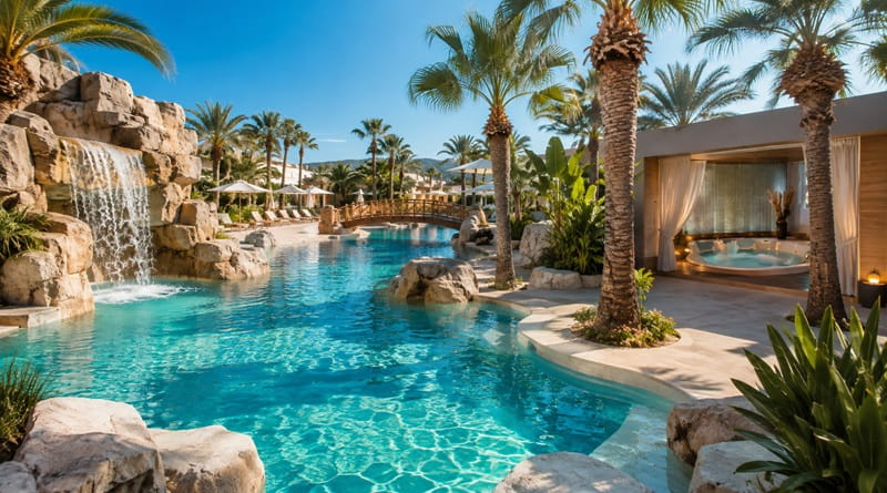 Il Bellavita a Spinetta Marengo, Alessandria, con piscina tropicale, palme, cascate e area SPA privata con idromassaggio.