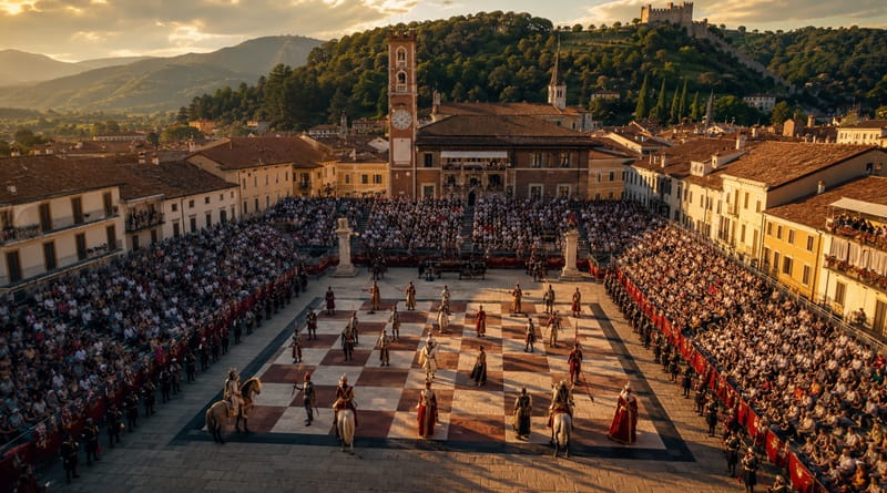 Scacchi viventi a Marostica 2026 nella piazza storica con personaggi in costume e pubblico sugli spalti