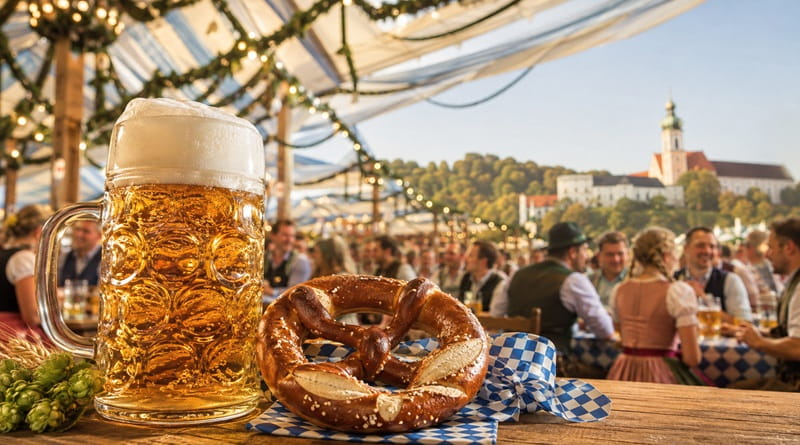Oktoberfest Monaco di Baviera 2026 con boccale di birra, pretzel bavarese, tendone tradizionale e monastero di Andechs sullo sfondo.