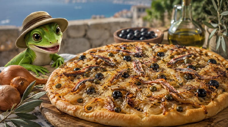 Pissaladière tra Nizza e Sanremo con cipolle, acciughe, olive e capperi, accompagnata da Geco Gaudenzio.