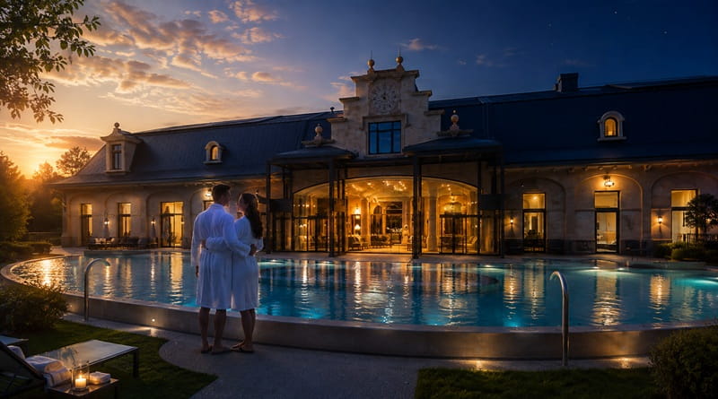 Terme De Montel Milano al tramonto, con piscina esterna illuminata, facciata storica e coppia in accappatoio tra relax e atmosfera serale.
