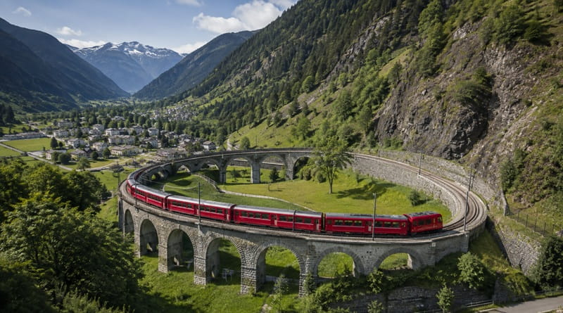 Trenino Rosso del Bernina sul viadotto di Brusio tra le Alpi svizzere, lungo uno dei tratti panoramici più iconici del percorso.
