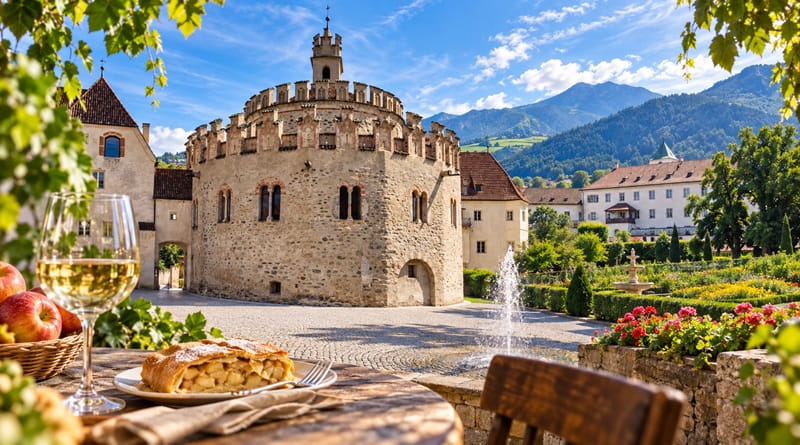 Veduta dell’Abbazia di Novacella in Alto Adige, con la Cappella di San Michele in primo piano e, in basso, vino bianco e strudel che richiamano i ricordi di viaggio del Geco.