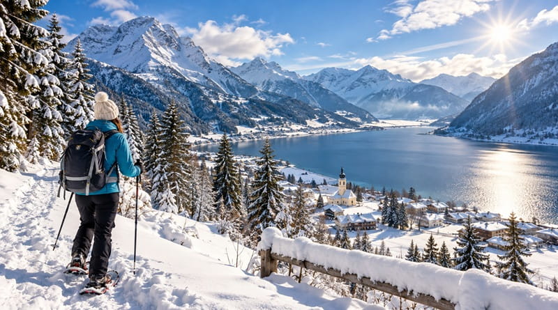 Achensee inverno nel Tirolo austriaco, escursionista con ciaspole tra neve, montagne e panorama sul lago