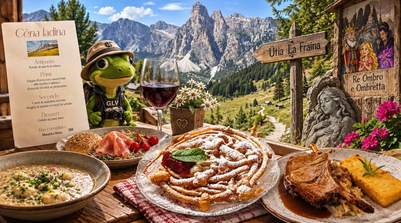 Cëna ladina con Geco Gaudenzio, furtaies, Re Ombro e Sassongher durante il viaggio 2026 tra Antermoia e Alta Badia in Alto Adige.