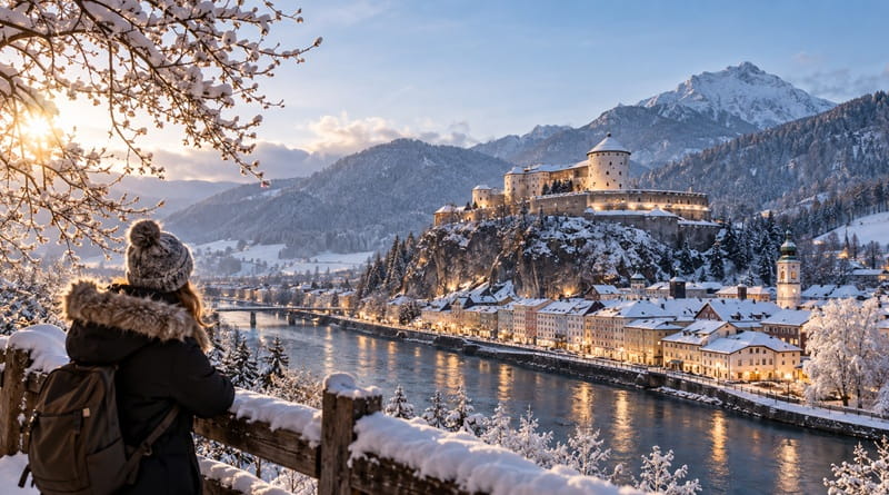Kufstein in inverno con la Fortezza innevata, il fiume Inn e il centro storico illuminato tra le montagne del Tirolo.