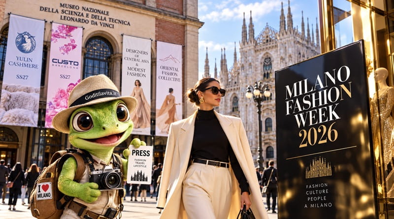 Geco Gaudenzio alla Milano Fashion Week 2026 con modella e Duomo di Milano, tra moda e collezioni Primavera Estate 2027
