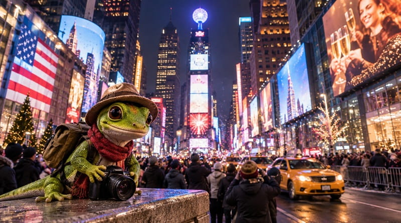 Capodanno a New York a Times Square con Geco Gaudenzio, taxi gialli, luci di Manhattan e atmosfera di festa nella Grande Mela.