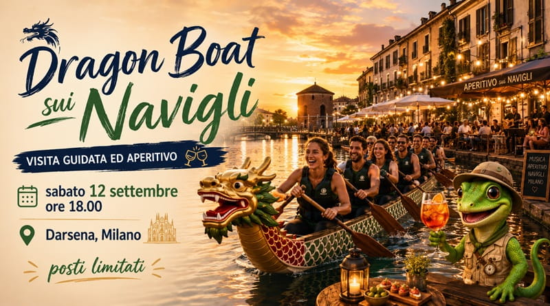 Dragon Boat sui Navigli alla Darsena di Milano al tramonto, con visita guidata, aperitivo e partecipanti che remano in gruppo.