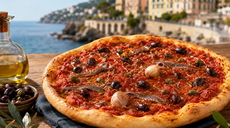 Sardenaira di Sanremo con pomodoro, acciughe, olive, capperi e aglio vestito affacciata sulla Riviera ligure.