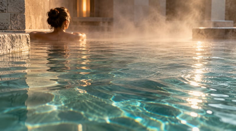 Relax nelle acque termali calde tra vapori e riflessi dorati, per vivere un’esperienza di benessere alle QC Terme in autunno.