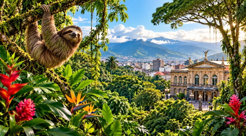 Bradipo nella foresta tropicale del Costa Rica, tra vegetazione rigogliosa, fiori esotici e panorama di San José con il Teatro Nacional, per un viaggio alla scoperta della natura e della cultura locale.