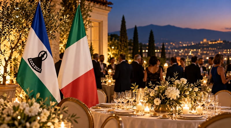 Serata istituzionale a Ciampino tra Lesotho e Italia, con bandiere dei due Paesi durante l’evento di amicizia e solidarietà.