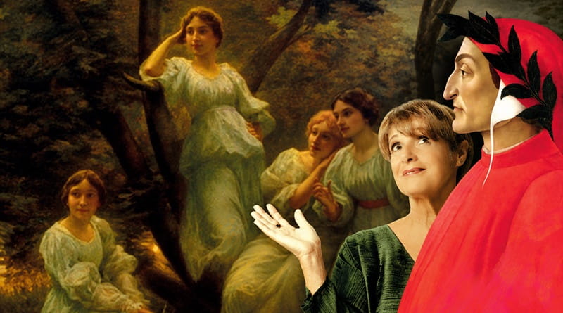 Lella Costa accanto a Dante Alighieri e quattro figure femminili nell’immagine dello spettacolo Intelletto d’amore, tra poesia, amore ed emozioni.