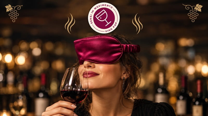 Donna bendata degusta un calice di vino durante una degustazione alla cieca a Milano, alla Centrale dell'Acqua.
