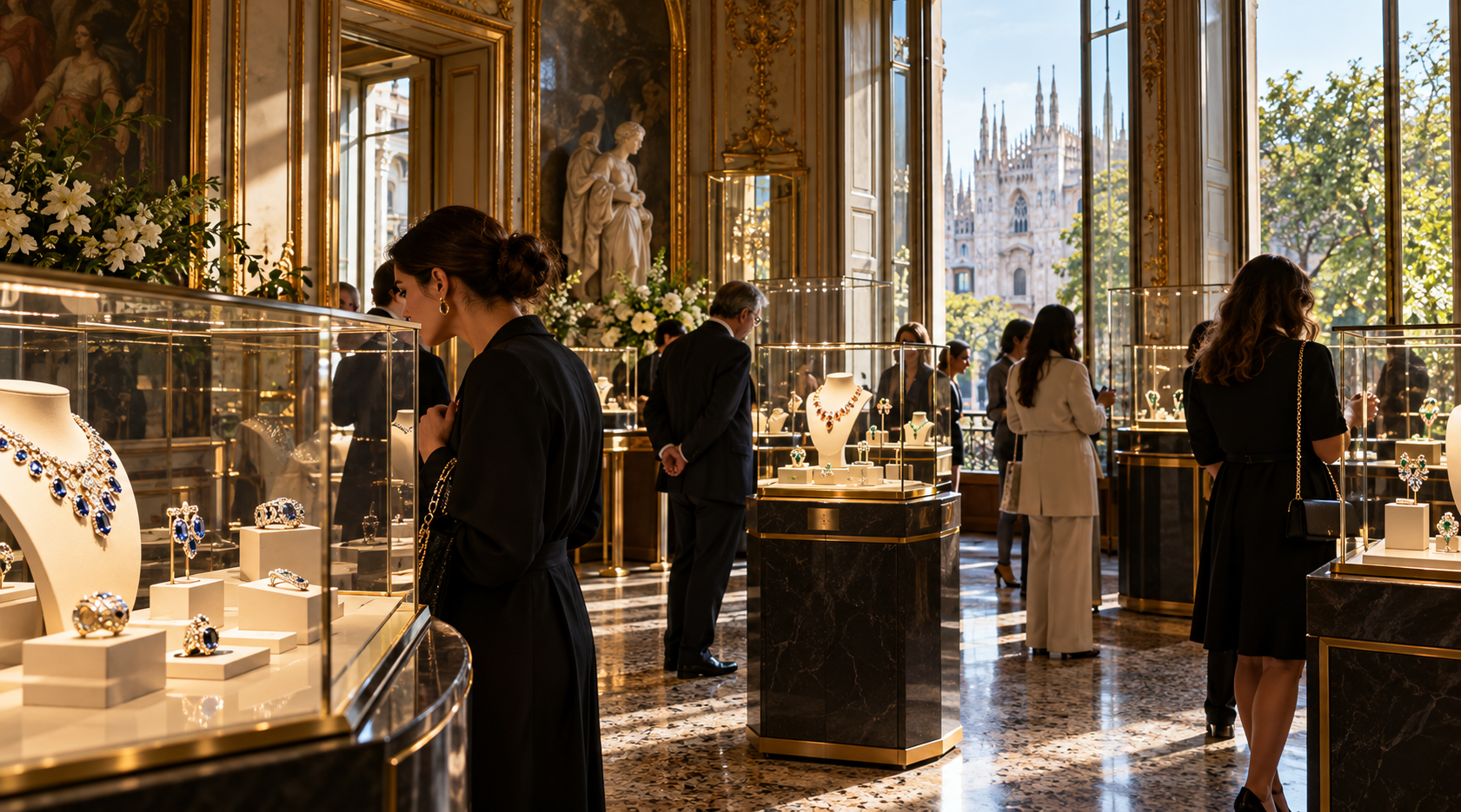 Milano Jewelry Week 2026, esposizione di gioielli preziosi e creazioni di alta gioielleria in un elegante palazzo storico di Milano.