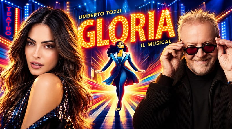 Collage promozionale di Gloria Il Musical al Teatro Arcimboldi di Milano con il titolo dello spettacolo, la protagonista e Umberto Tozzi.