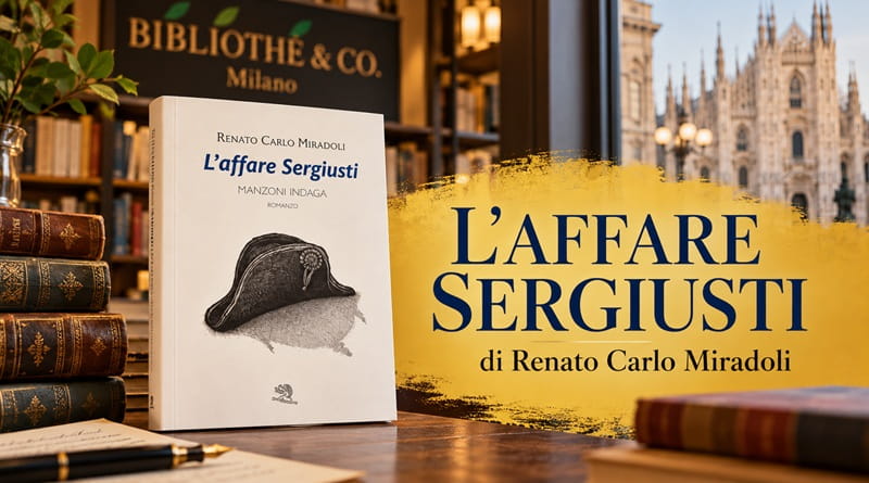Copertina del libro L'affare Sergiusti di Renato Carlo Miradoli, giallo storico con Alessandro Manzoni detective, ambientato tra Milano e la Valsassina.