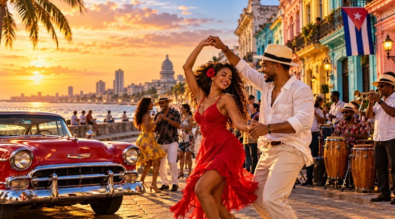 Coppia che balla salsa all'Avana, tra auto d'epoca, musica cubana e palazzi colorati, per il Festival de la Salsa Cuba 2027.
