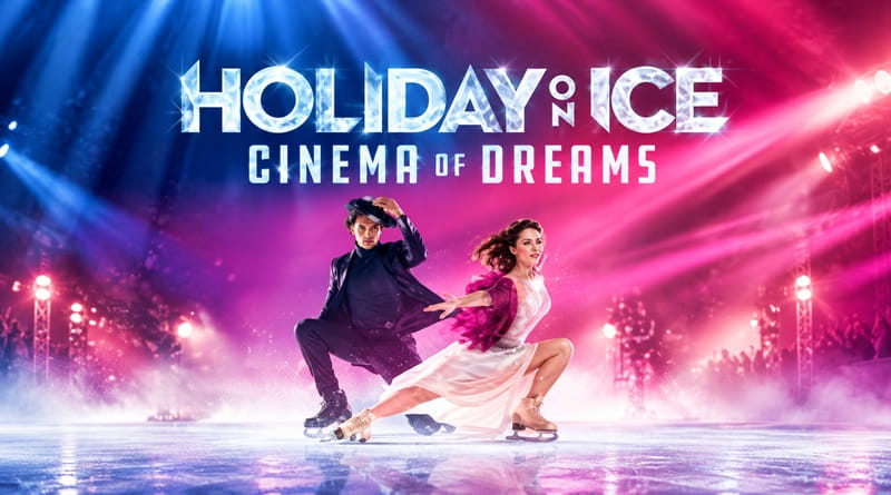 Holiday on Ice Milano 2027, Cinema of Dreams: coppia di pattinatori artistici sul ghiaccio tra luci spettacolari, in scena all'Unipol Dome.