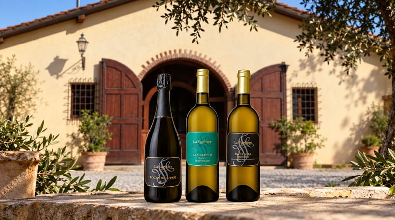 Bottiglie dei vini Le Sughere del Montefico davanti alla cantina dell’Isola d’Elba, protagonisti della degustazione itinerante EustachiORA a Milano dal 19 al 27 ottobre 2026.