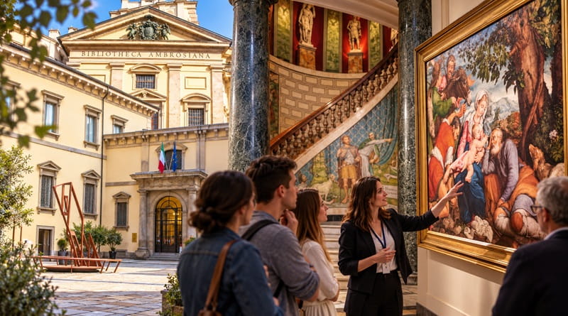 Visita guidata Pinacoteca Ambrosiana a Milano: elaborazione grafica con intelligenza artificiale di facciata, scalone storico e visitatori tra le opere d'arte.